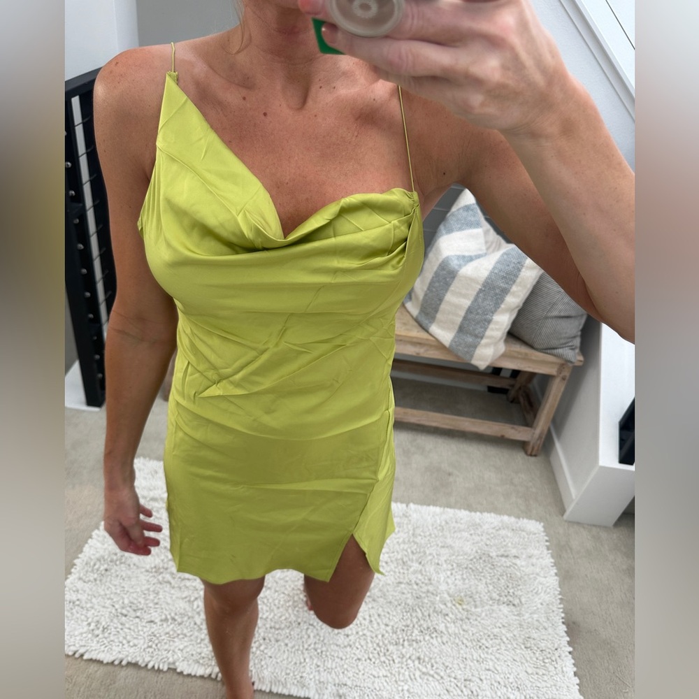 Fashion Nova Lime Yellow Satin Mini Dress | Chain Detail | NWT | Size S - Picture 9 of 13